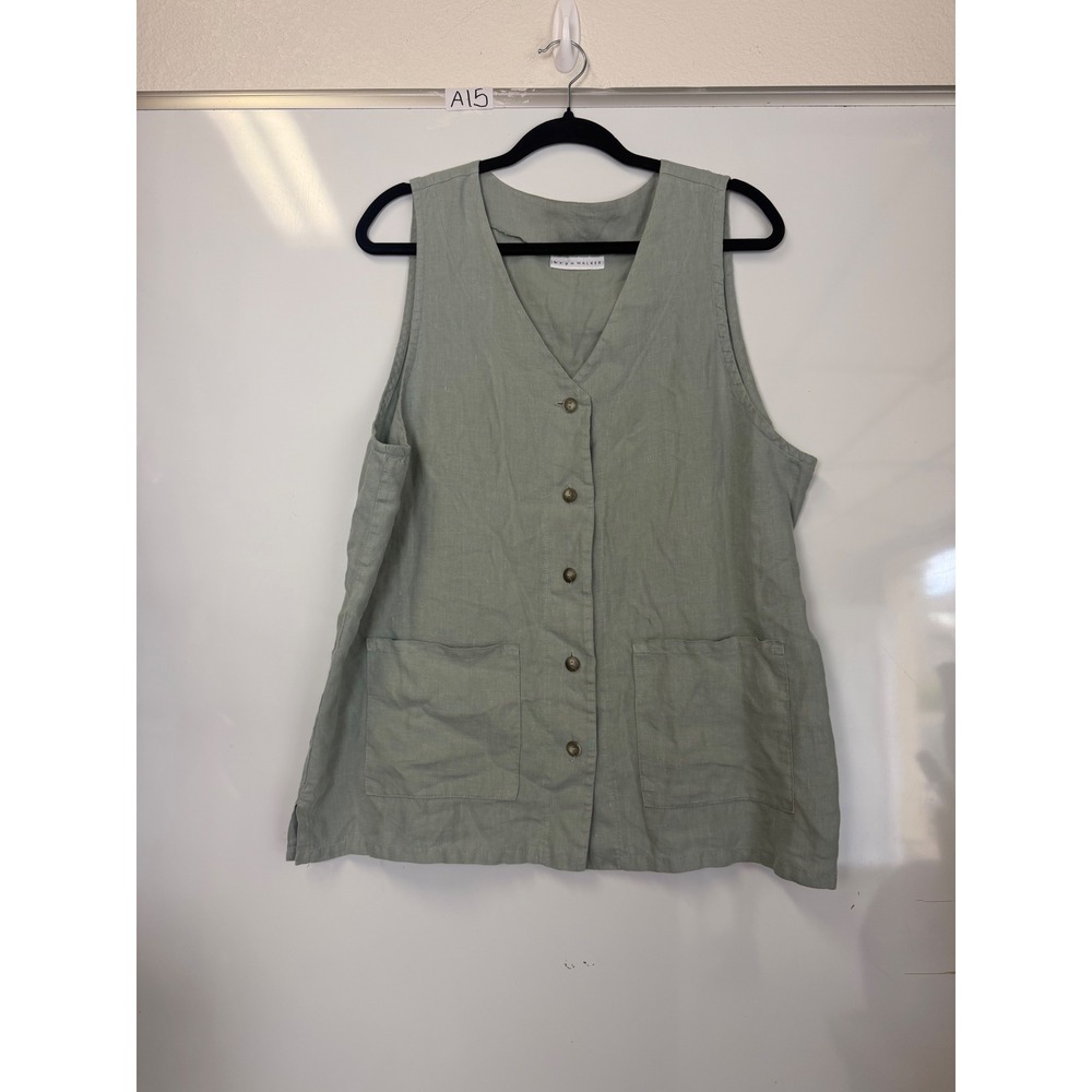 Bryn Walker Linen Vest Sage Green Button Front Pocket Sleeveless Top Made in USA